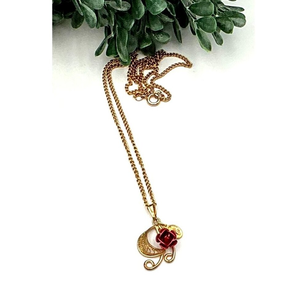 Vintage Gold-Tone Necklace With Red Rose Pendant & Crescent Moon Design
